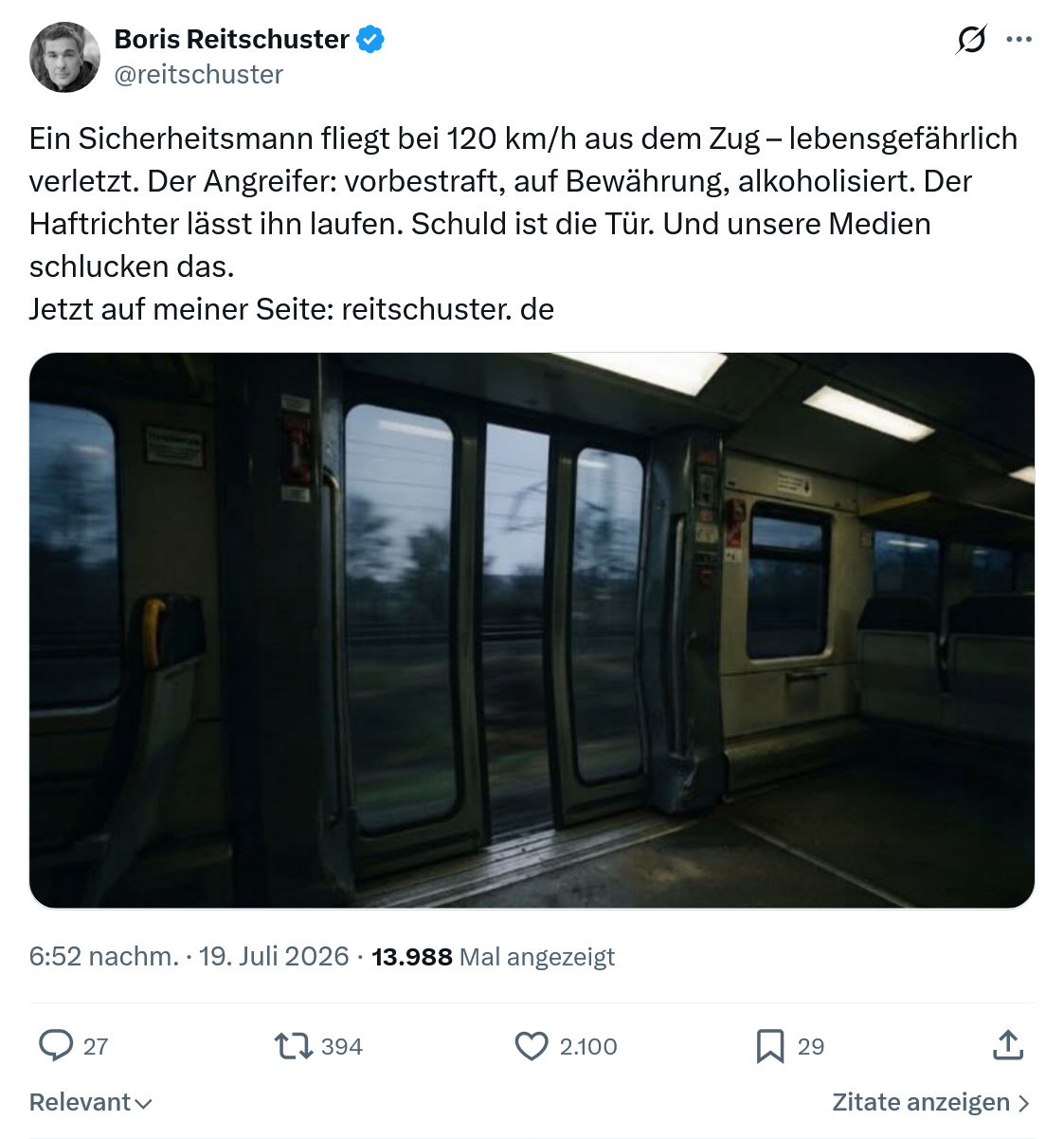 Boris Reitschuster: Ein Sicherheitsmann fliegt bei 120 km/h...