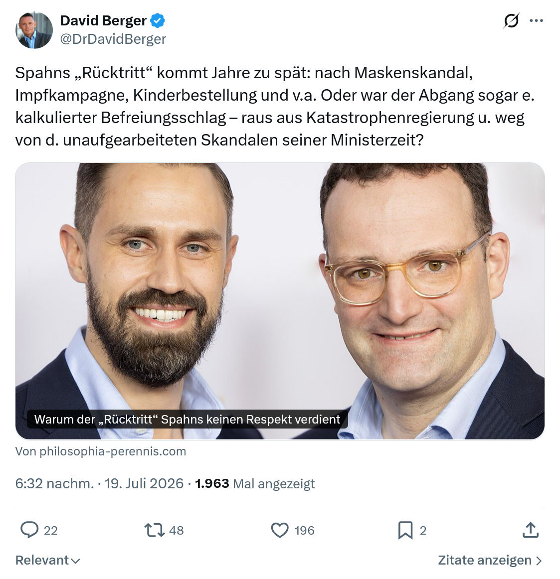 David Berger: Spahns „Rücktritt“ kommt Jahre zu spät...