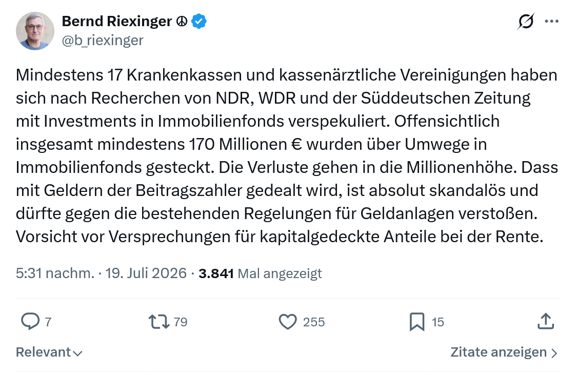 Bernd Riexinger: Mindestens 17 Krankenkassen...