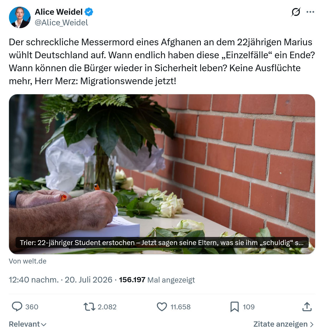 Alice Weidel: Der schreckliche Messermord eines Afghanen...