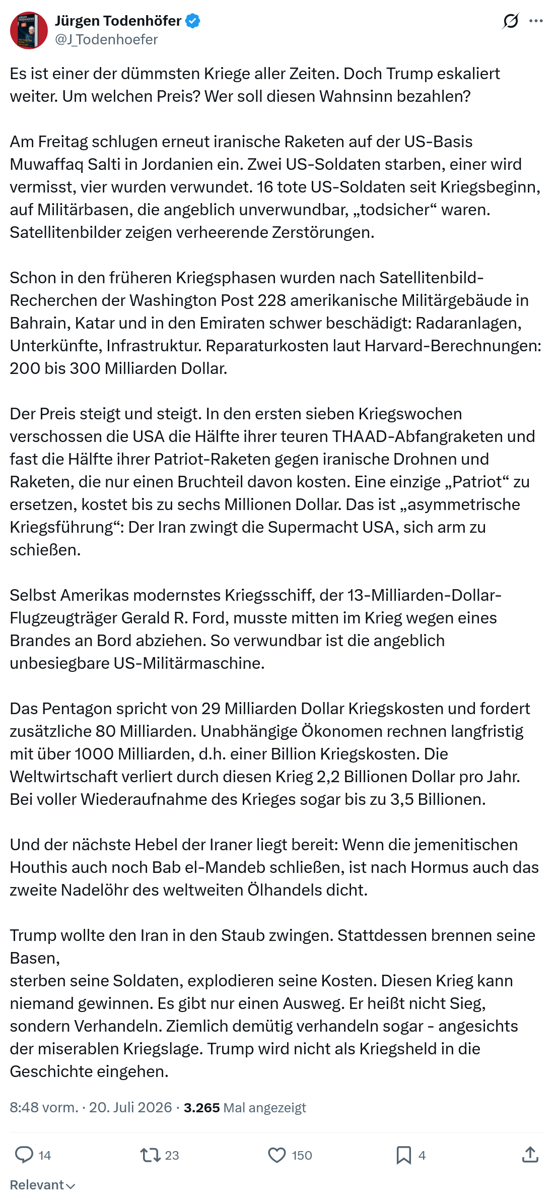 Jürgen Todenhöfer: Es ist einer der dümmsten Kriege aller Zeiten...