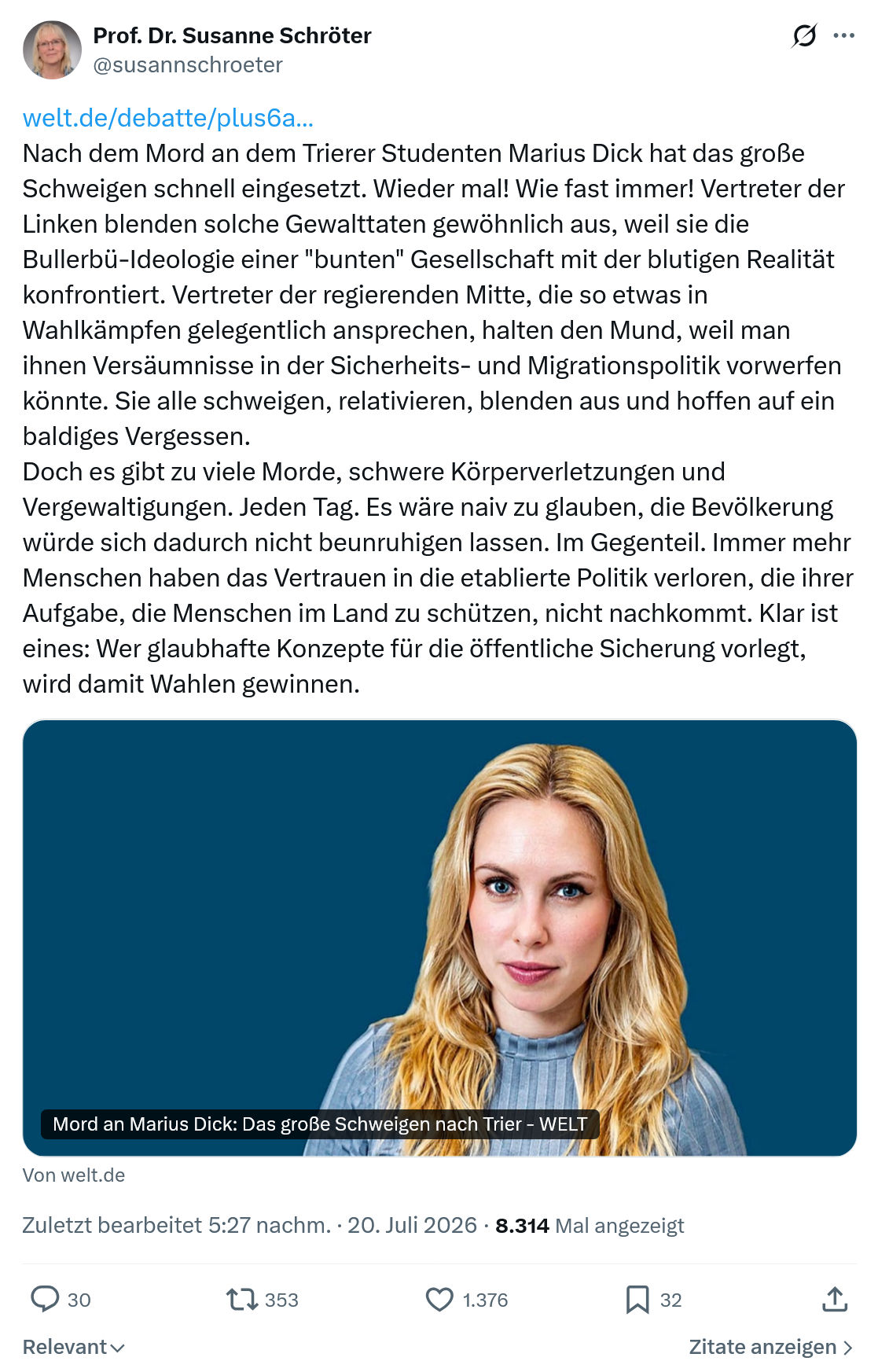 Susanne Schröter: Nach dem Mord an dem Trierer Studenten...