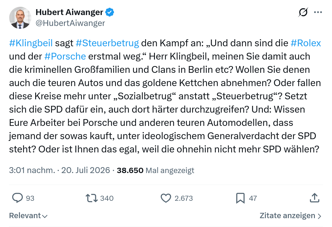 Hubert Aiwanger: #Klingbeil sagt #Steuerbetrug den Kampf an...