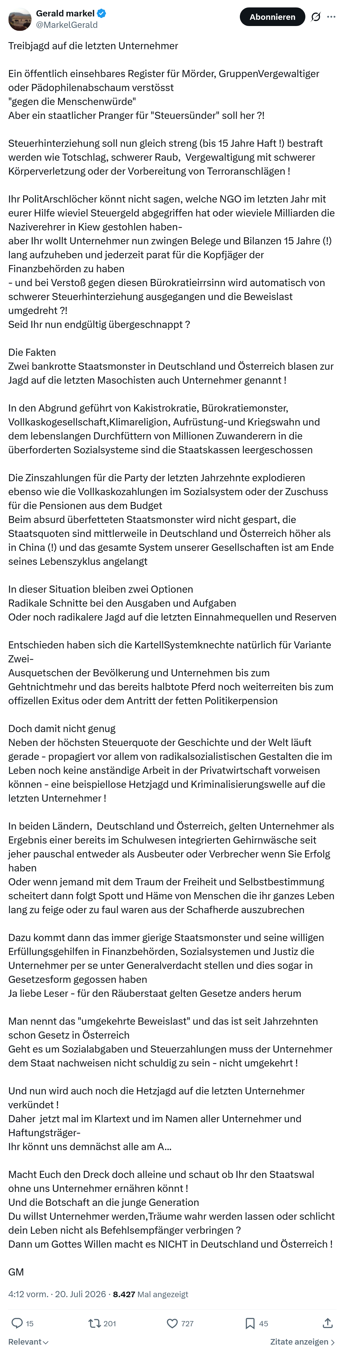 Gerald Markel: Treibjagd auf die letzten Unternehmer...