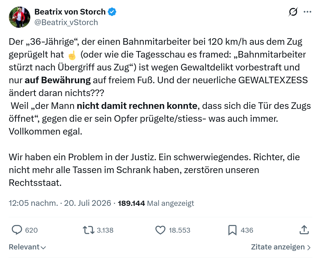 Beatrix von Storch: Der „36-Jährige“, der einen Bahnmitarbeiter...