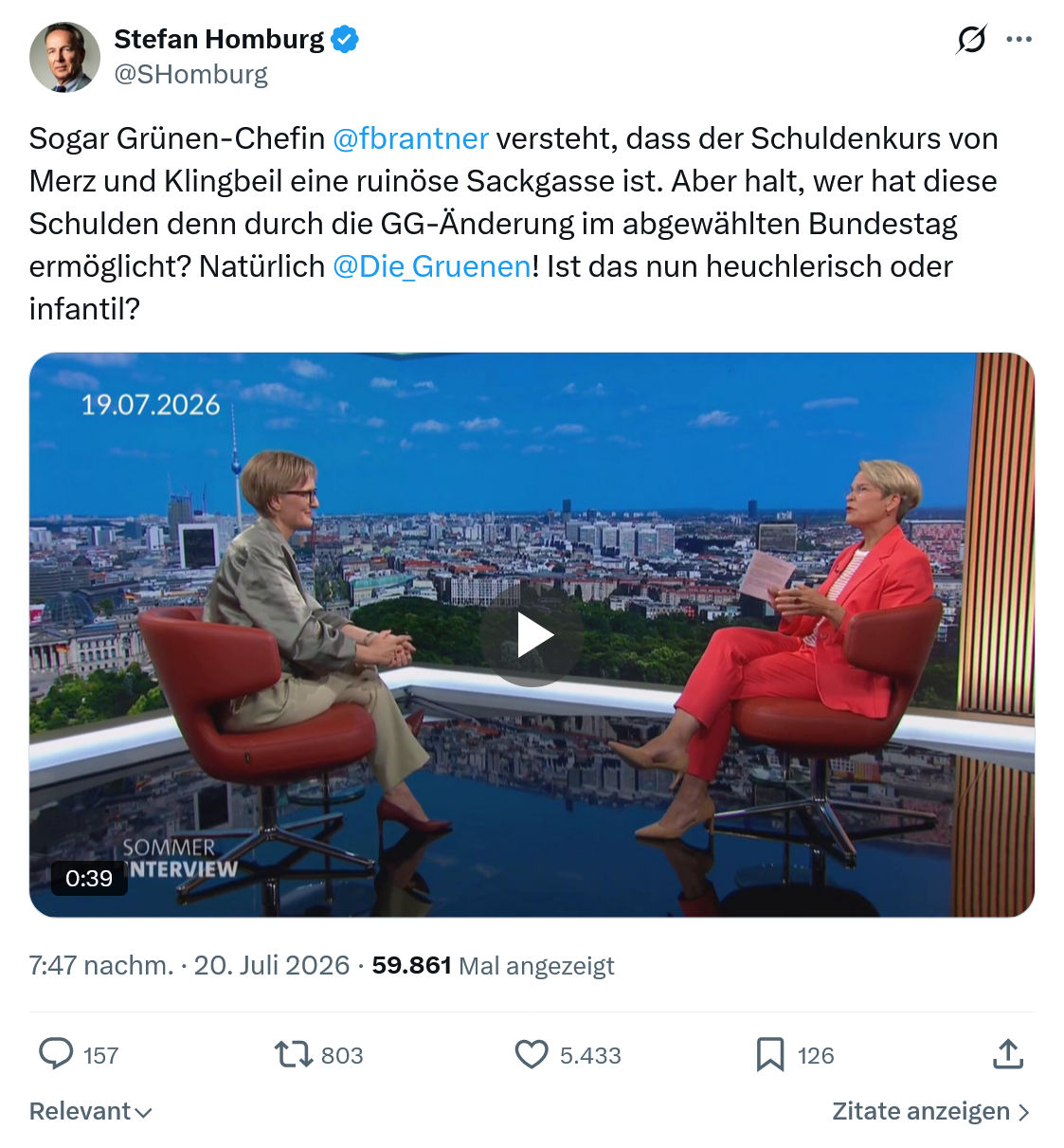 Stefan Homburg: Sogar Grünen-Chefin @fbrantner  versteht...