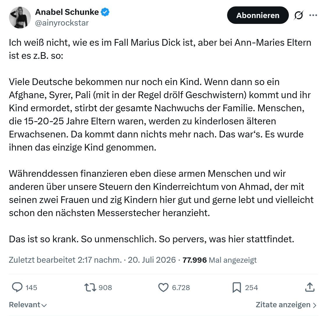 Anabel Schunke: Ich weiß nicht, wie es im Fall Marius Dick...