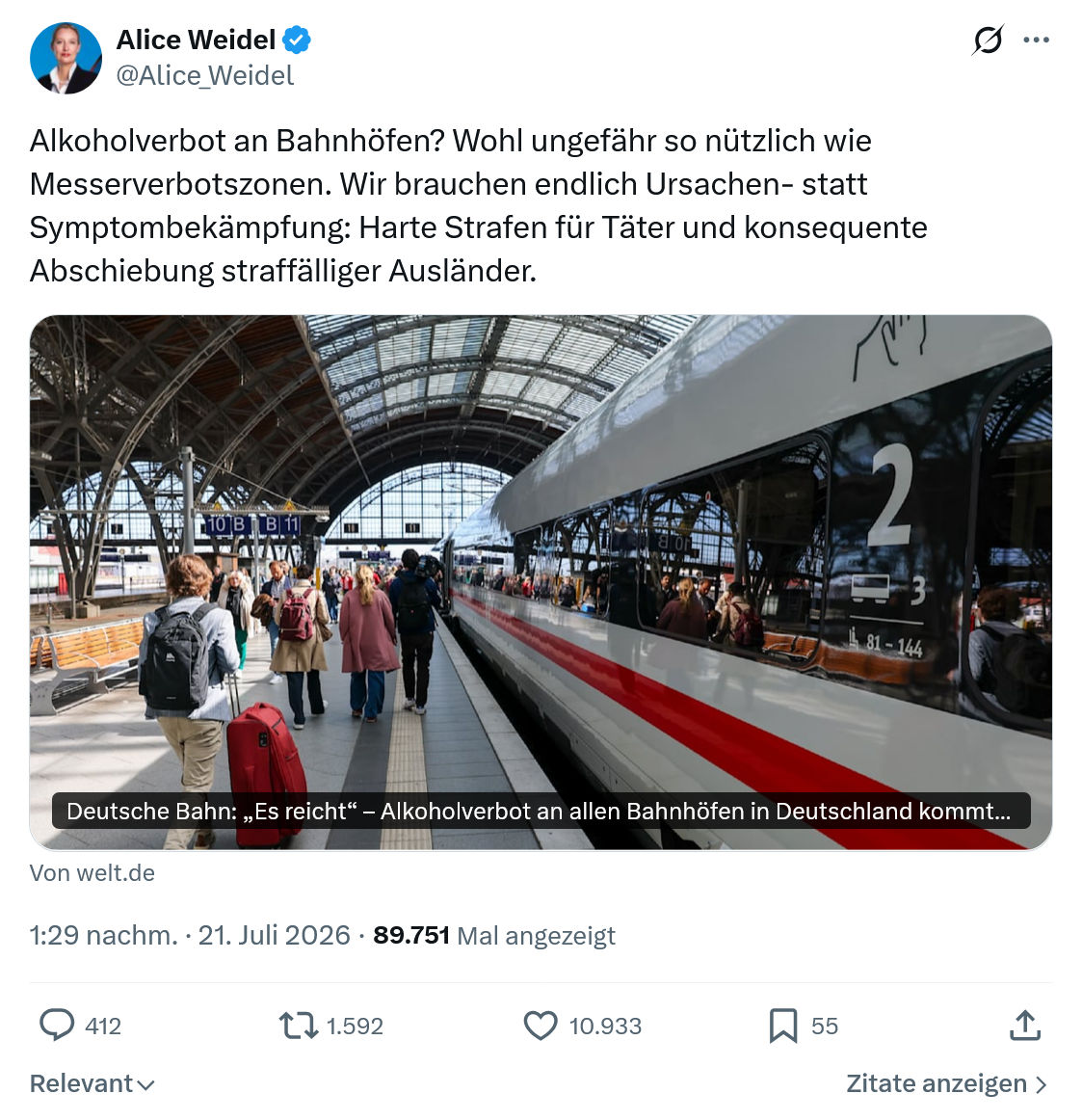 Alice Weidel: Alkoholverbot an Bahnhöfen...