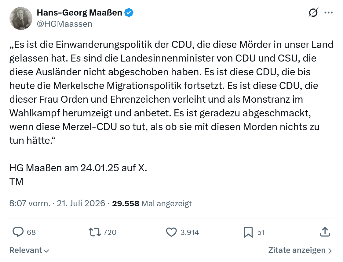 Hans-Georg Maaßen: Es ist die Einwanderungspolitik der CDU...