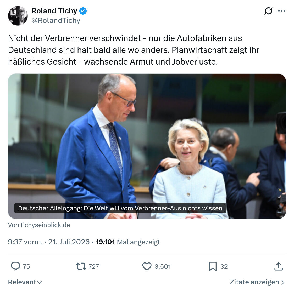 Roland Tichy: Nicht der Verbrenner verschwindet...