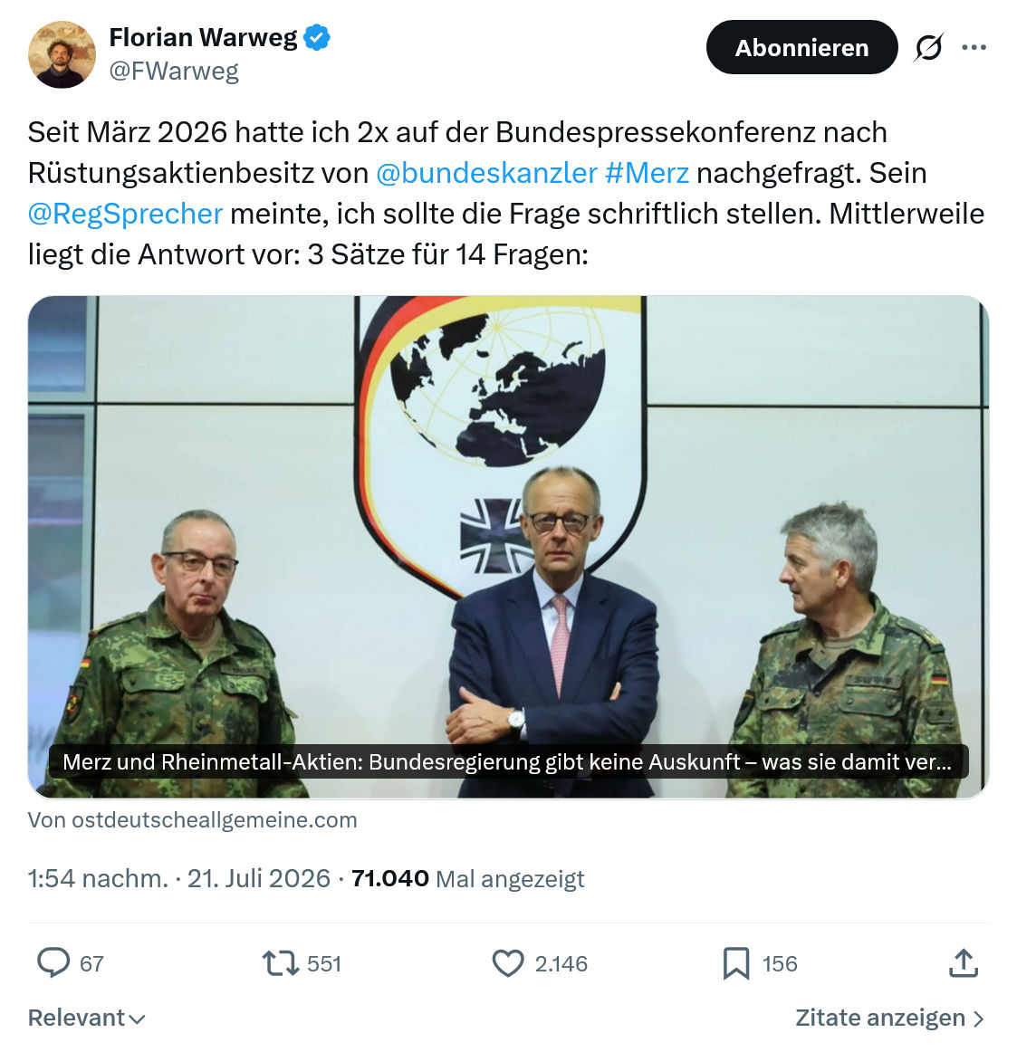 Florian Warweg: Seit März 2026 hatte ich 2x...