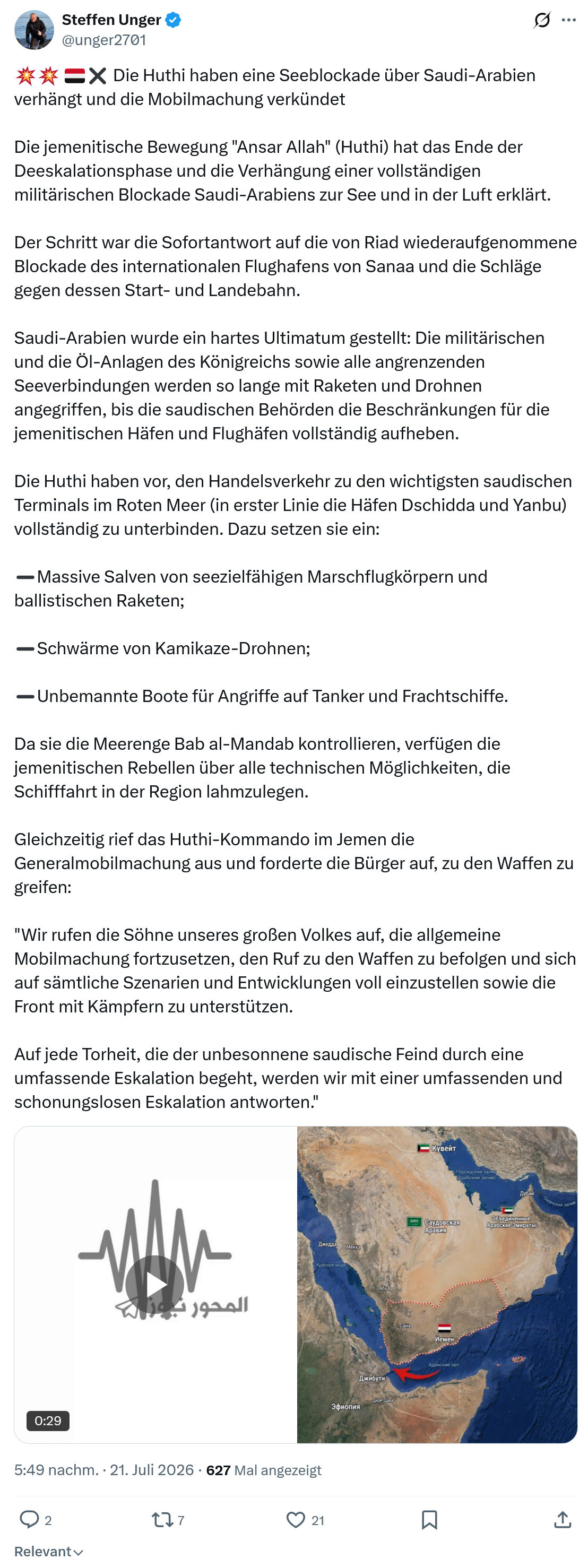 Steffen Unger: Die Huthi haben eine Seeblockade...