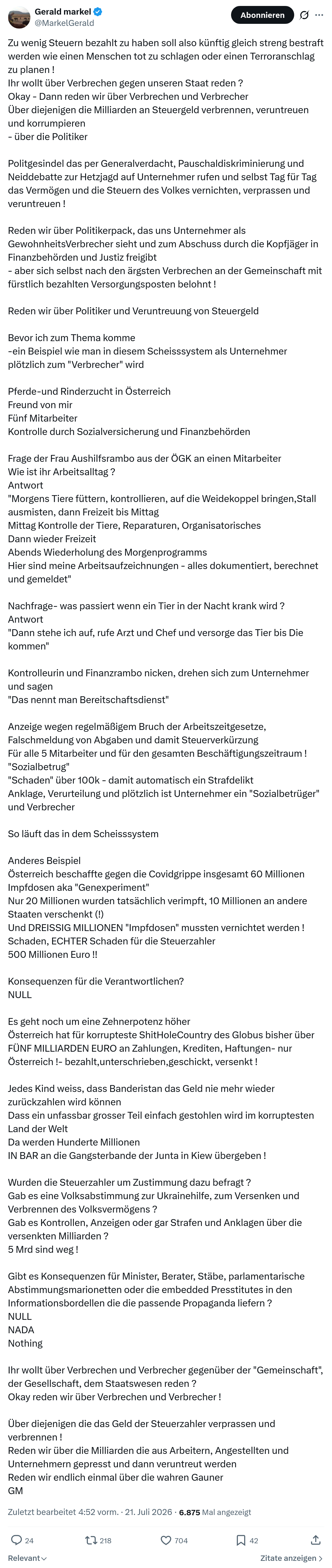 Gerald Markel: Zu wenig Steuern bezahlt zu haben...