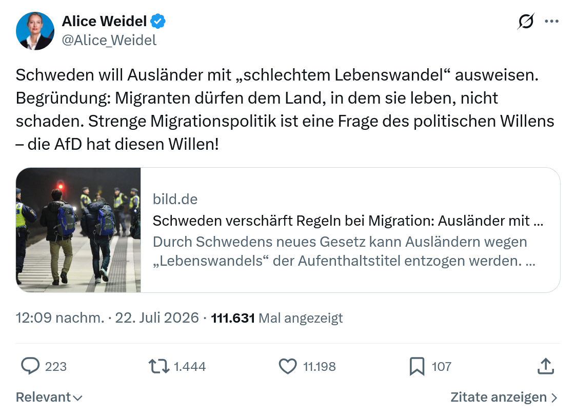 Alice Weidel: Schweden will Ausländer mit...