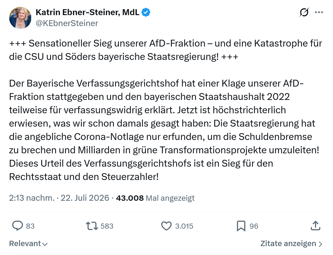 Katrin Ebner-Steiner: Sensationeller Sieg unserer AfD-Fraktion...