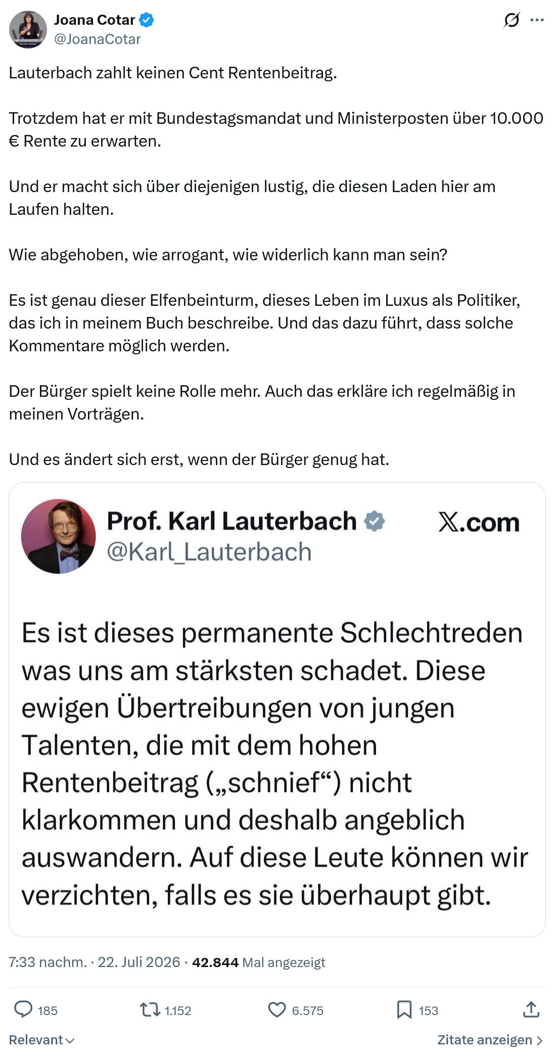 Joana Cotar: Lauterbach zahlt keinen Cent Rentenbeitrag...