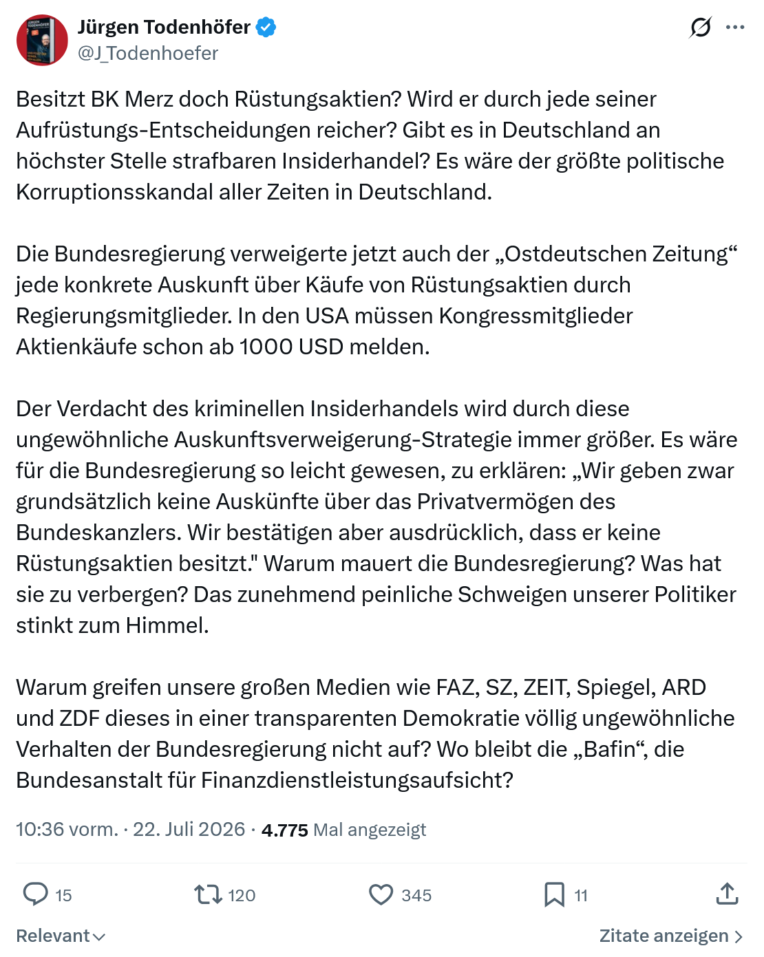 Jürgen Todenhöfer: Besitzt BK Merz doch Rüstungsaktien...