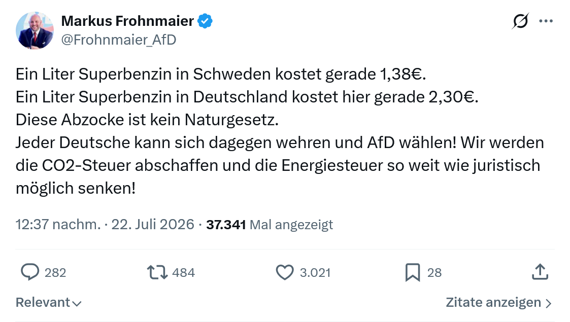 Markus Frohnmaier: Ein Liter Superbenzin in Schweden...