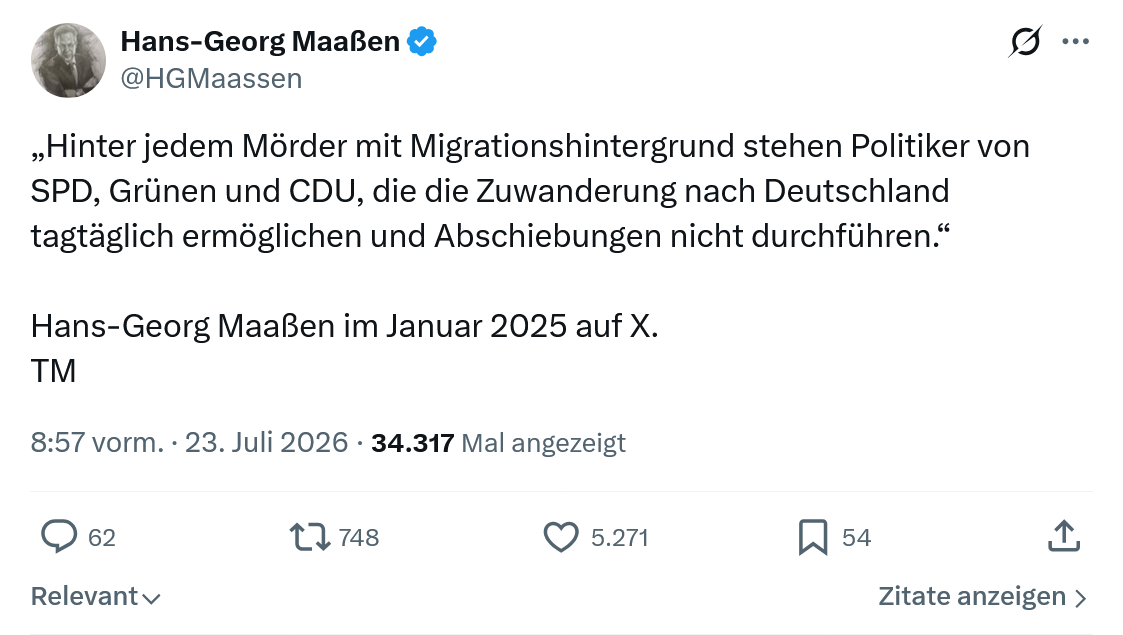 Hans-Georg Maaßen: Hinter jedem Mörder mit Migrationshintergrund...