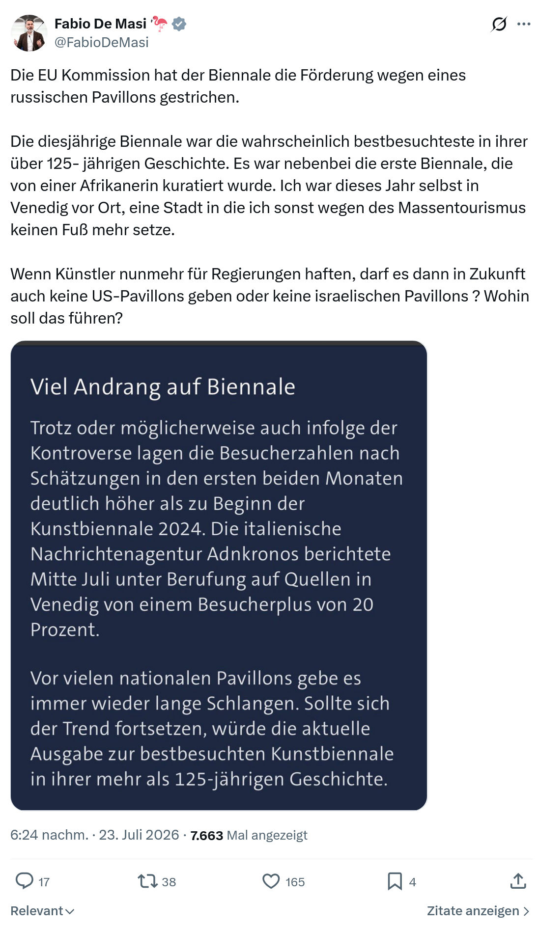 Fabio De Masi: Die EU Kommission hat der Biennale...