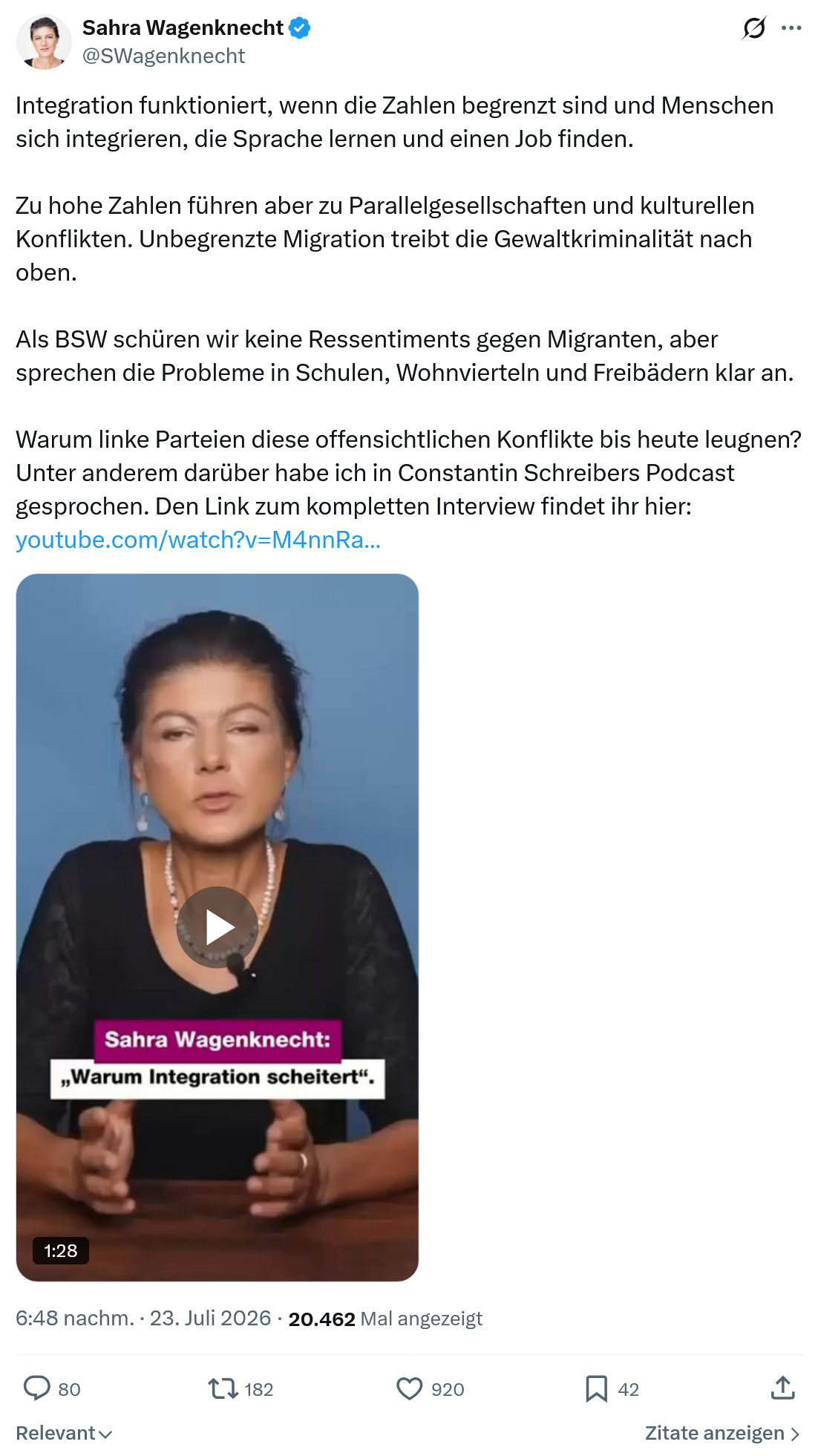 Sahra Wagenknecht: Integration funktioniert...