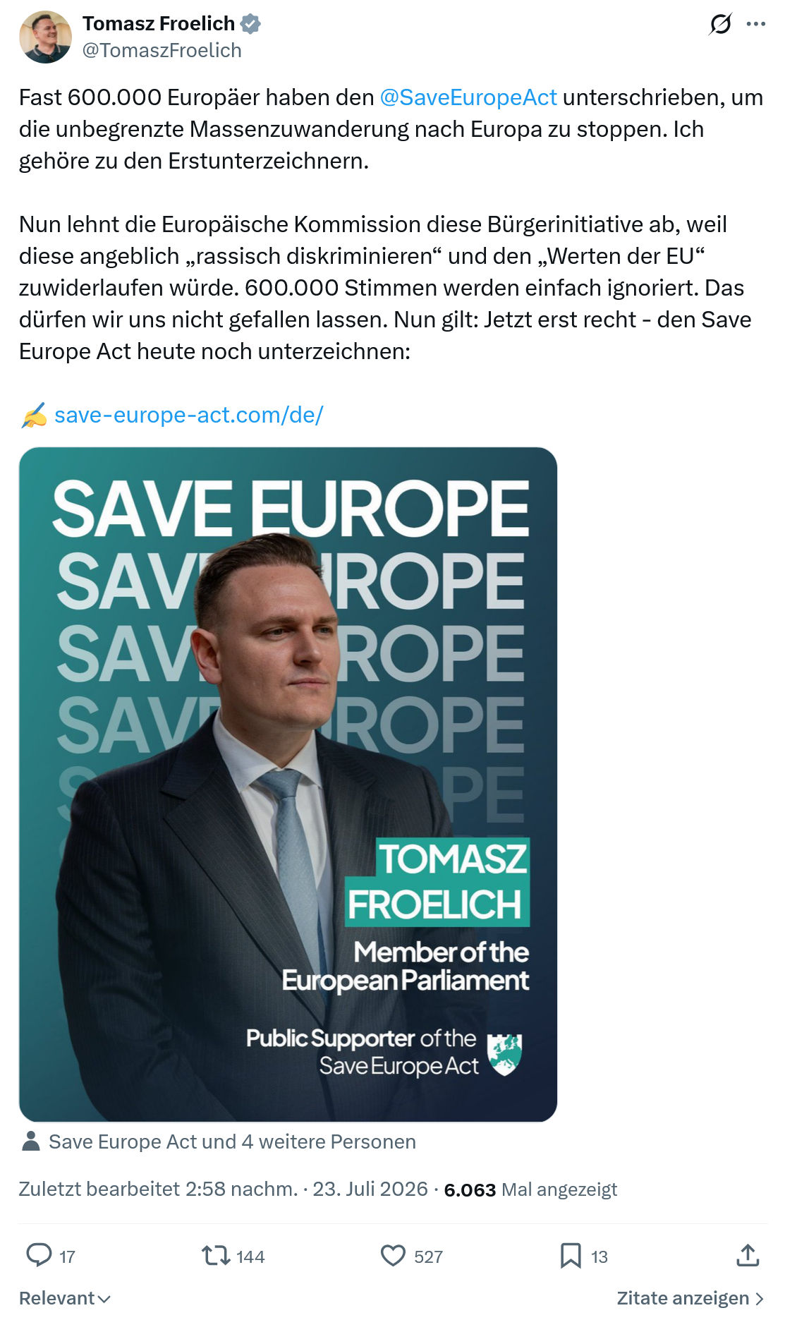 Tomasz Froelich: Fast 600.000 Europäer haben...