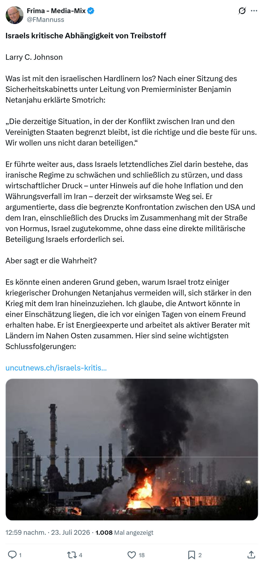 Friedrich Mannus: Israels kritische Abhängigkeit von Treibstoff...