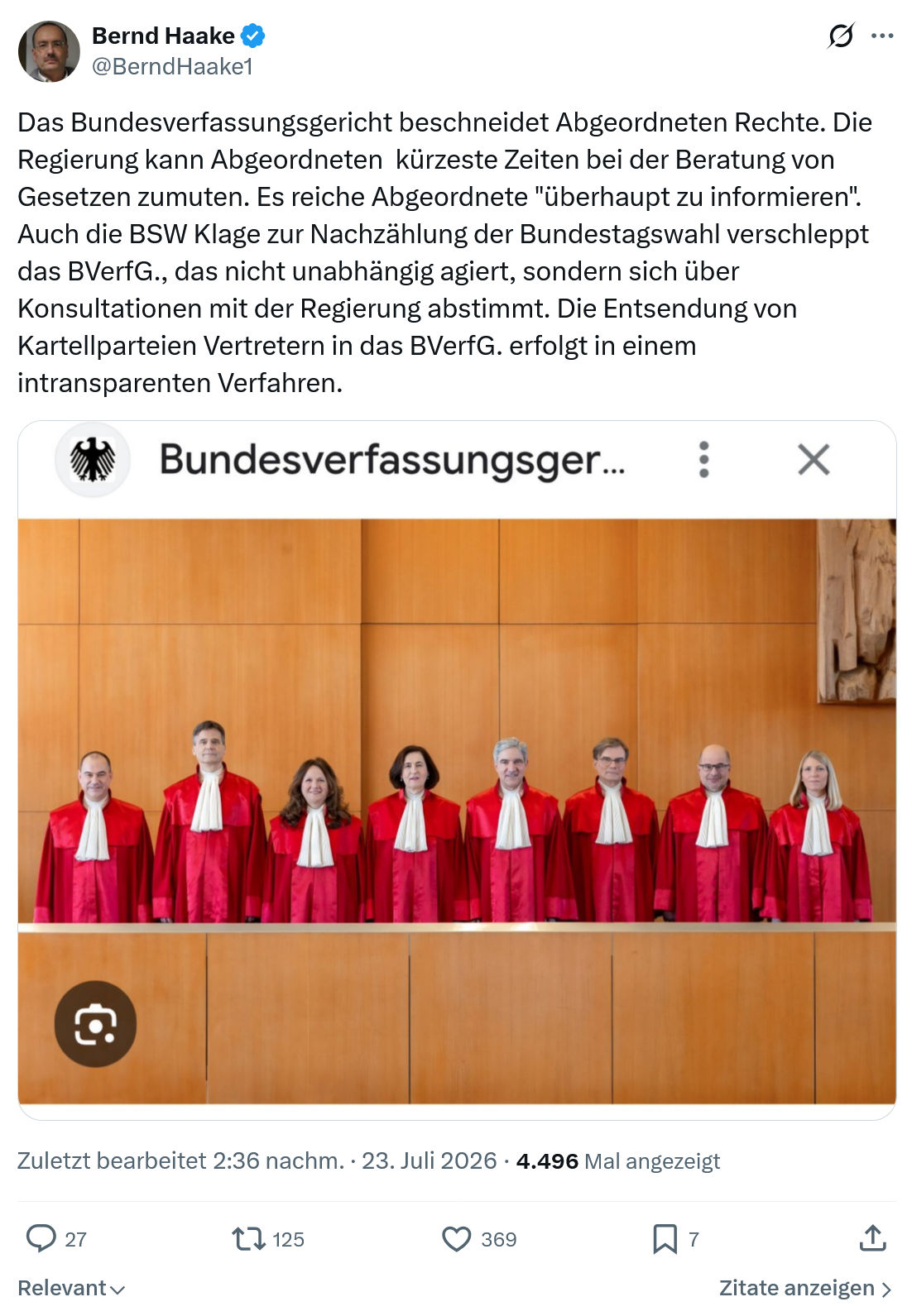 Bernd Haake: Das Bundesverfassungsgericht beschneidet...