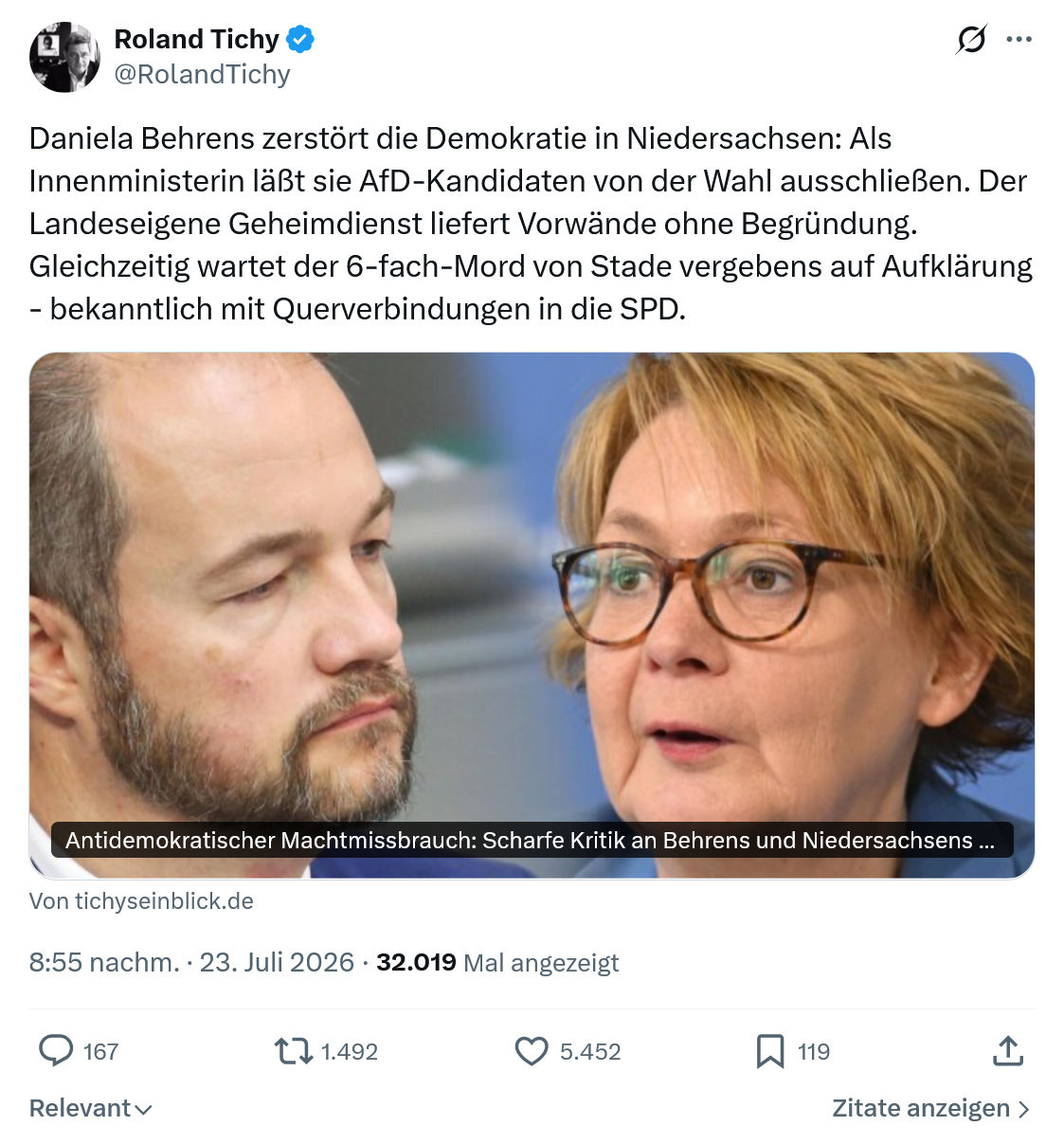 Roland Tichy: Daniela Behrens zerstört die Demokratie...