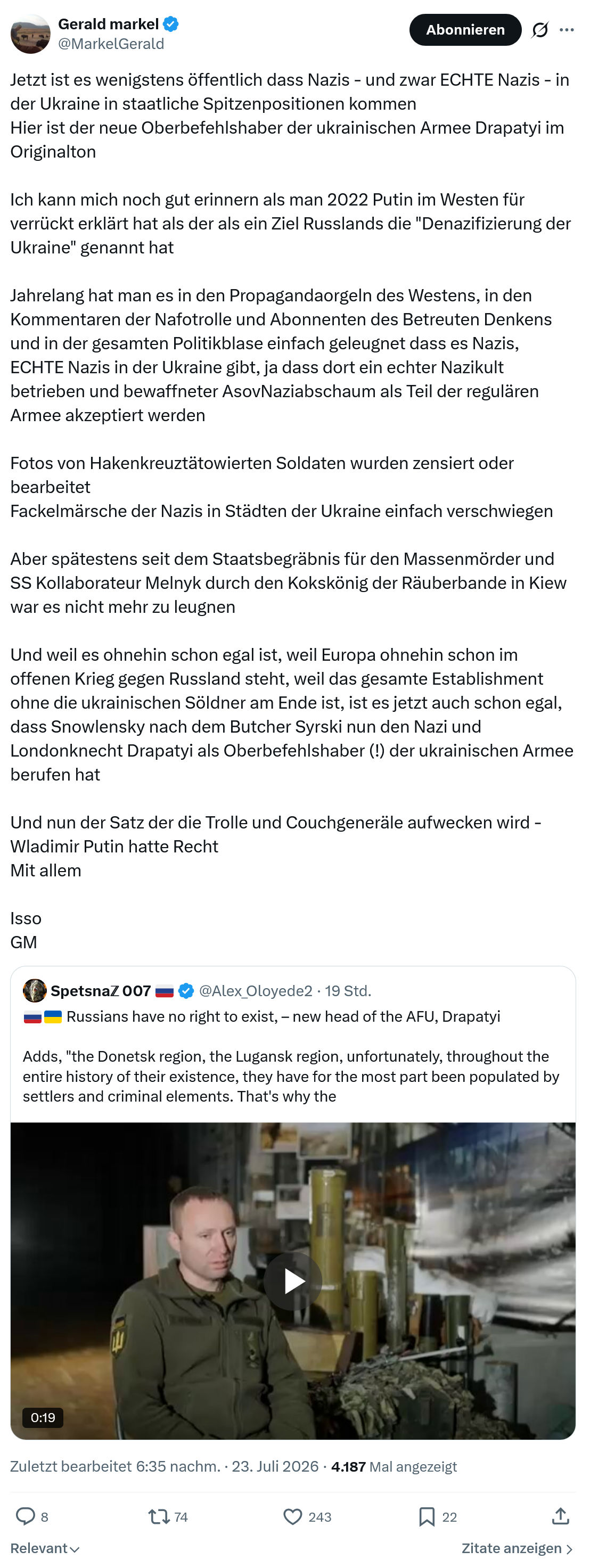 Gerald Markel: Jetzt ist es wenigstens öffentlich dass Nazis...