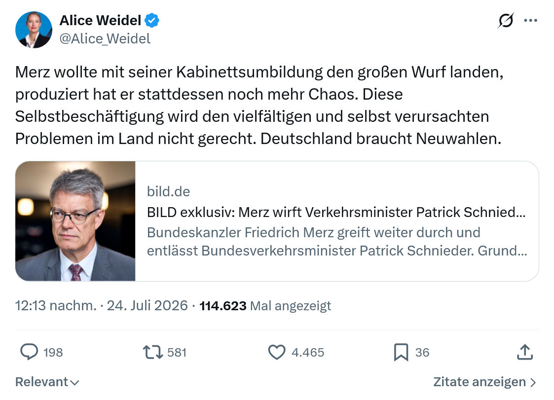 Alice Weidel: Merz wollte mit seiner Kabinettsumbildung...