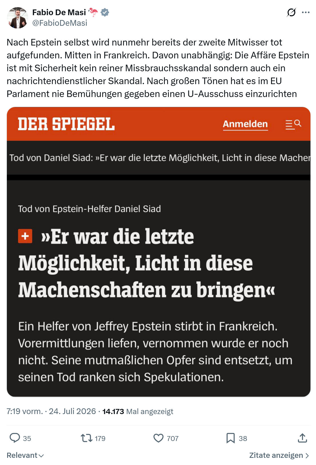 Fabio De Masi: Nach Epstein selbst wird nunmehr...