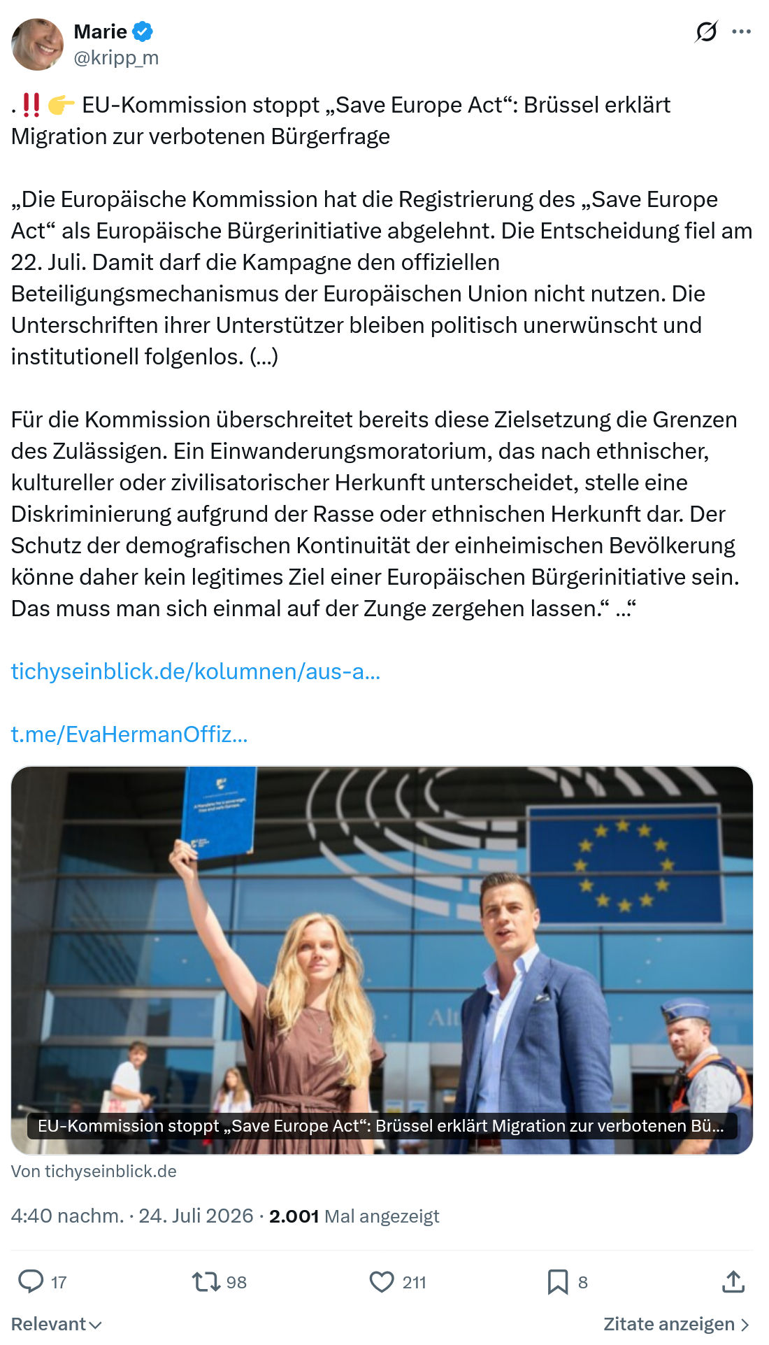 Marie kripp: EU-Kommission stoppt „Save Europe Act“...