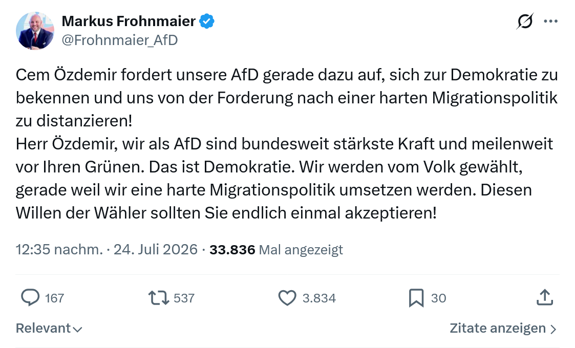 Markus Frohnmaier: Cem Özdemir fordert unsere AfD...