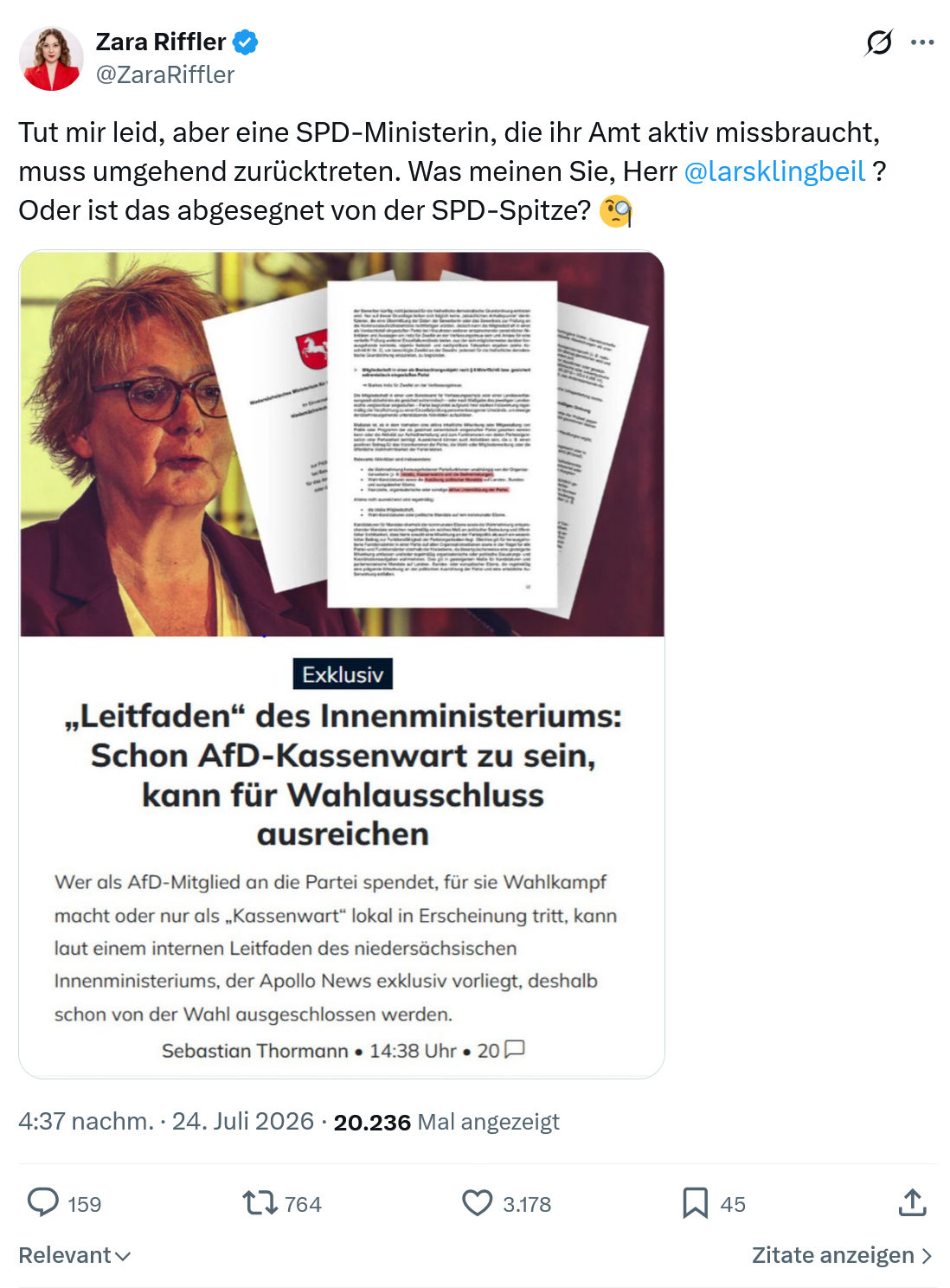 Zara Riffler: Tut mir leid, aber eine SPD-Ministerin...