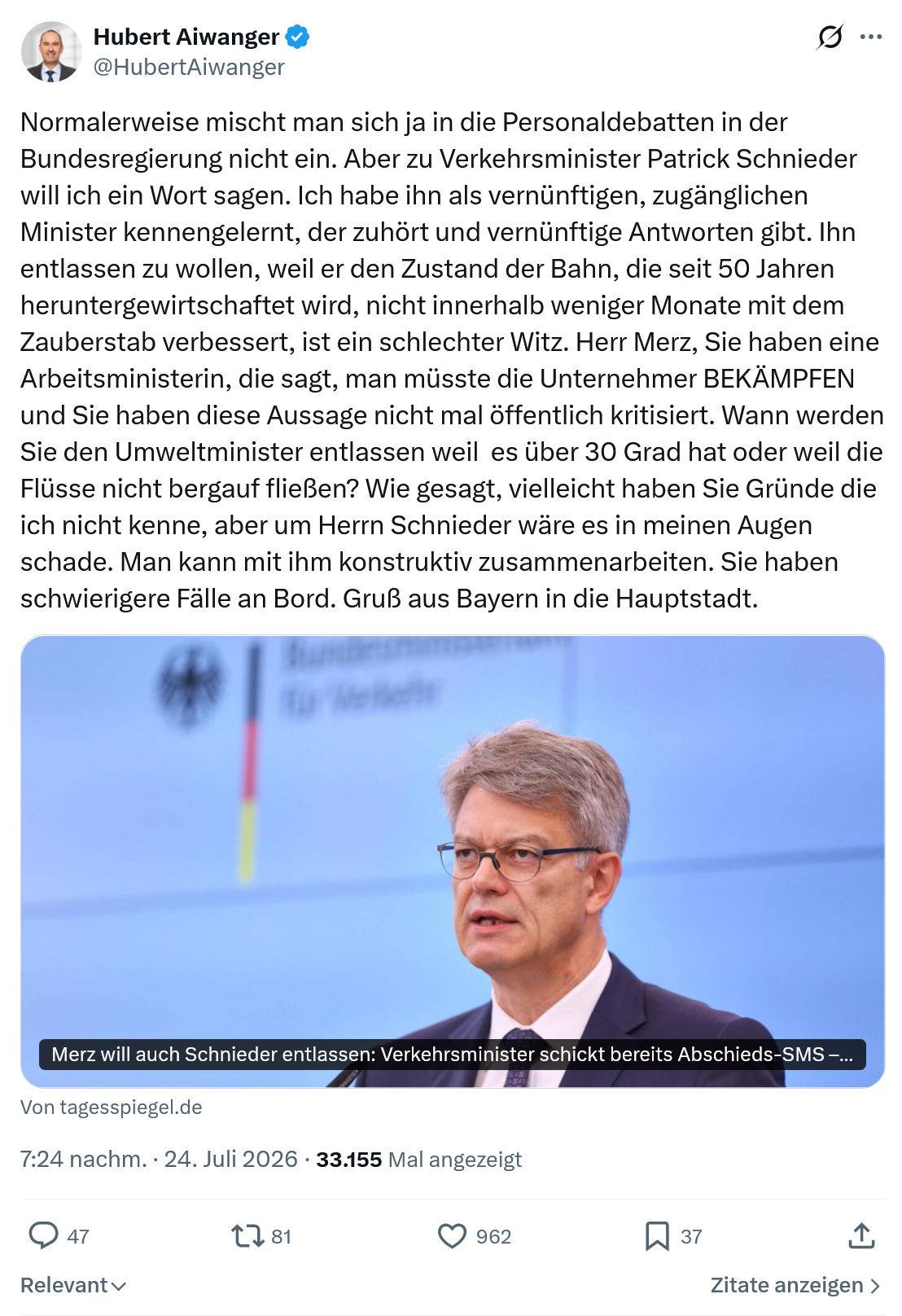 Hubert Aiwanger: Normalerweise mischt man sich ja...