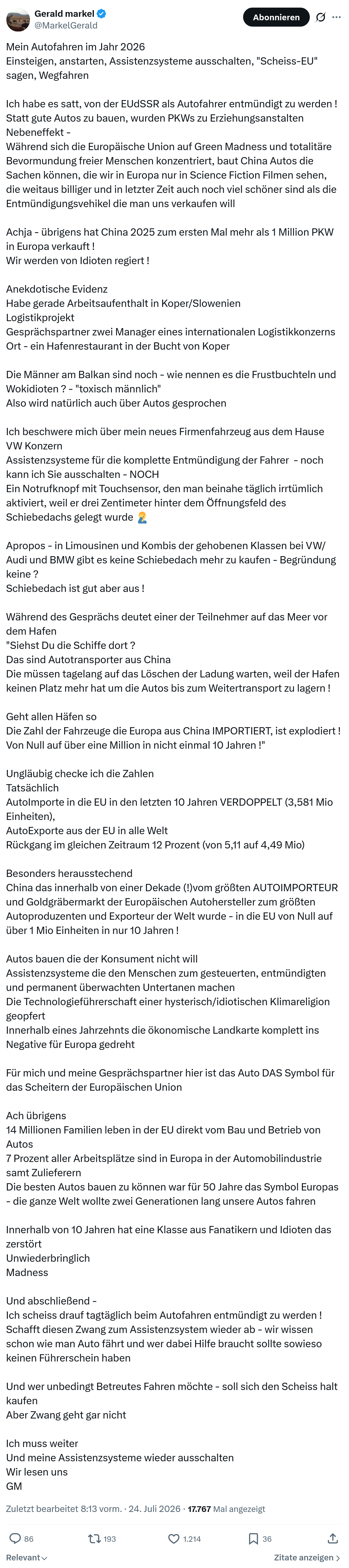 Gerald Markel: Mein Autofahren im Jahr 2026...