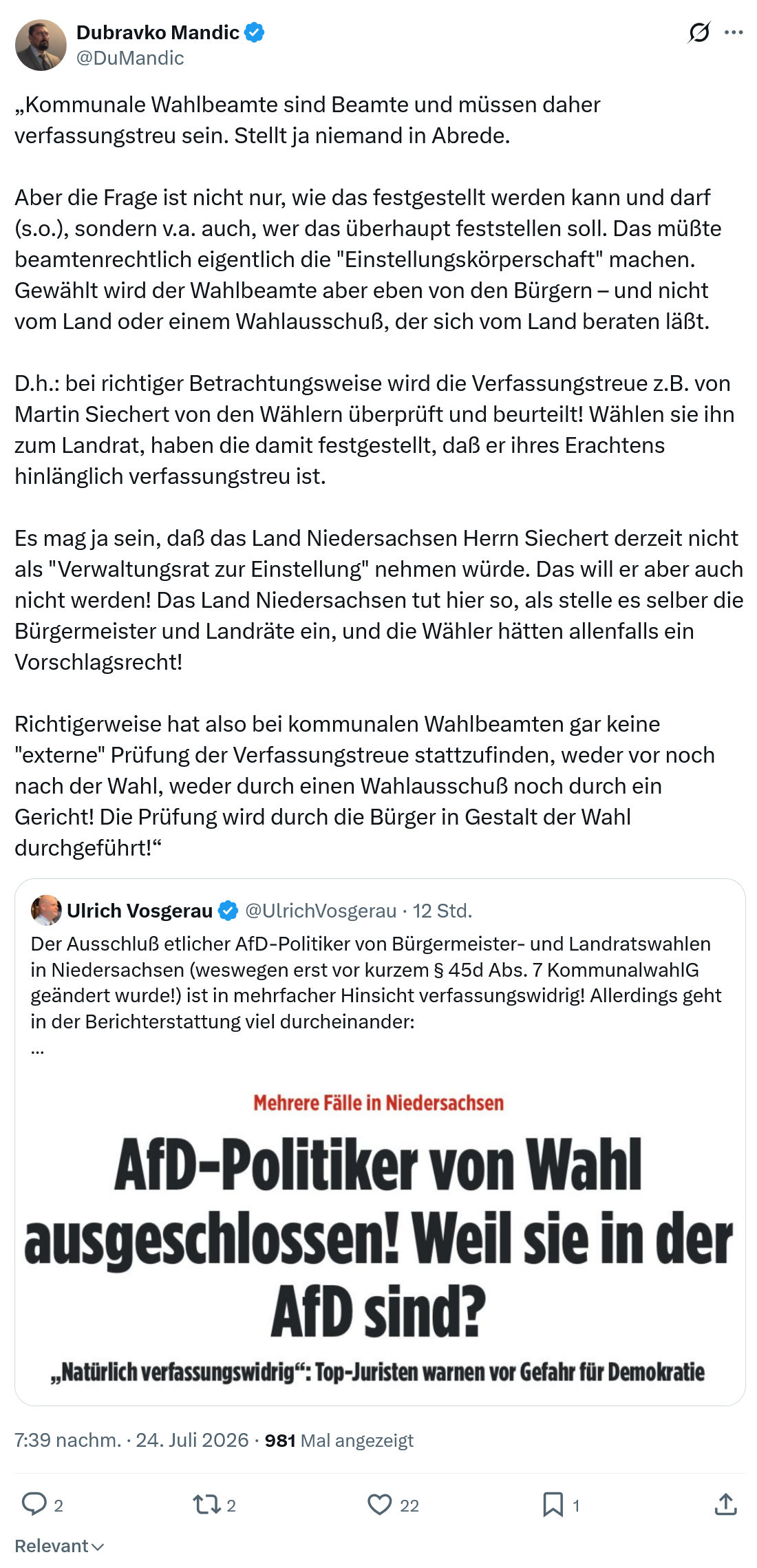 Dubravko Mandic: Kommunale Wahlbeamte sind Beamte...
