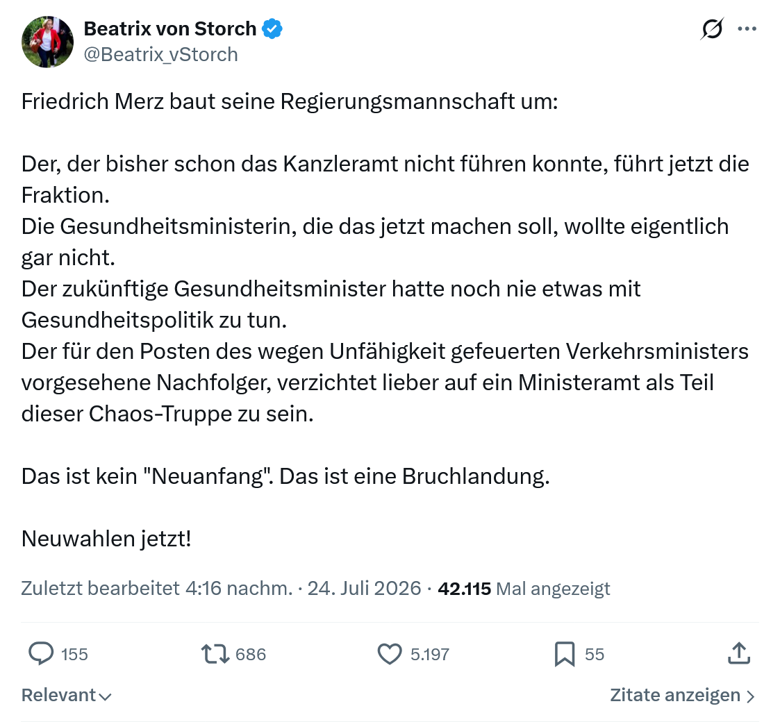 Beatrix von Storch: Friedrich Merz baut seine Regierungsmannschaft um...