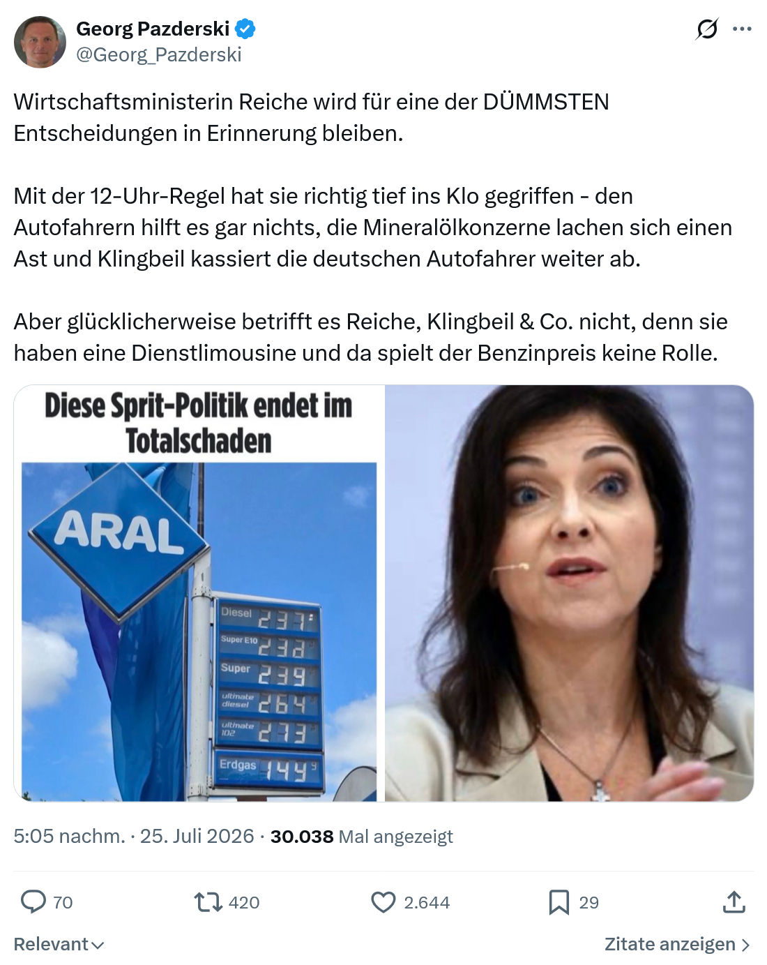 Georg Pazderski: Wirtschaftsministerin Reiche wird...