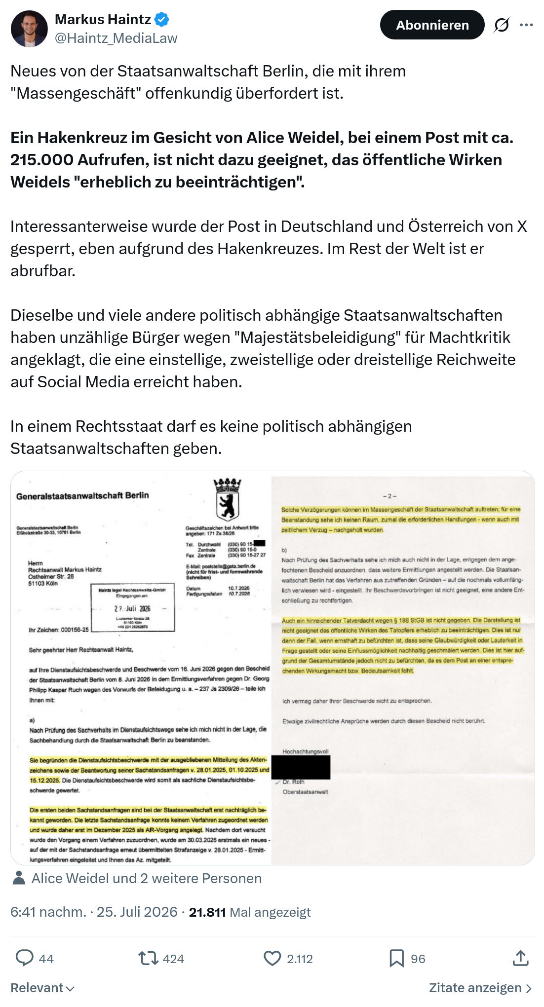 Markus Haintz: Neues von der Staatsanwaltschaft Berlin...