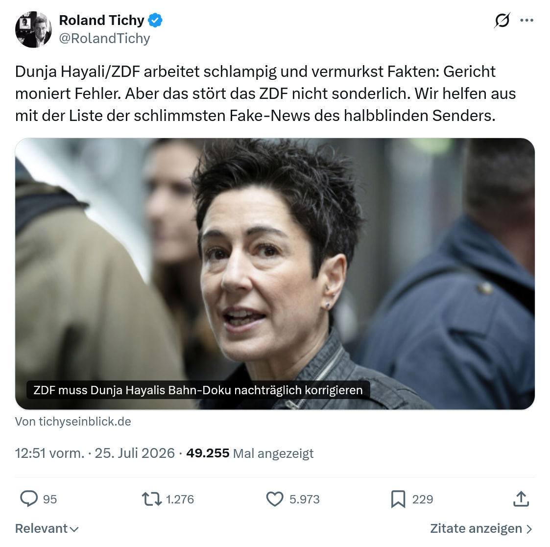 Roland Tichy: Dunja Hayali/ZDF arbeitet schlampig...