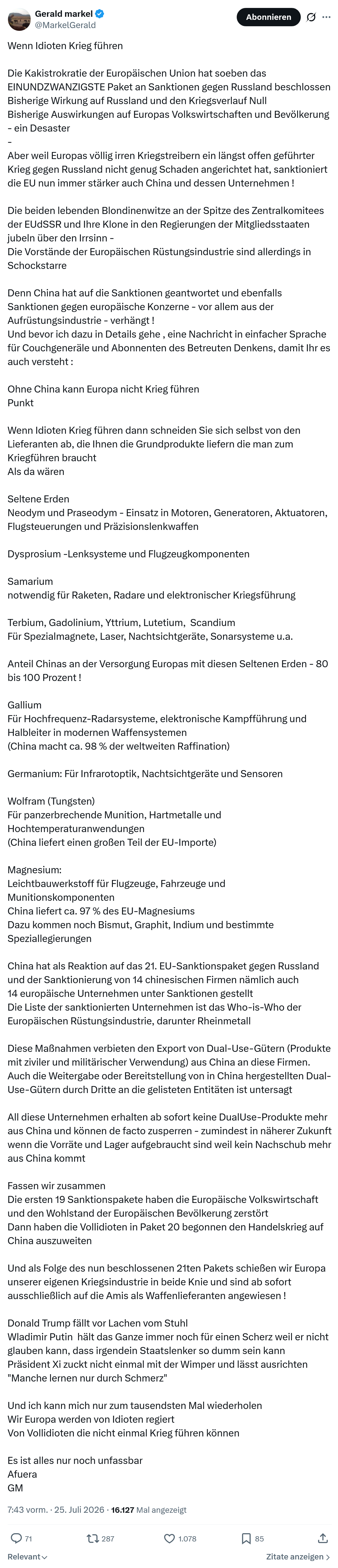 Gerald Markel: Wenn Idioten Krieg führen...