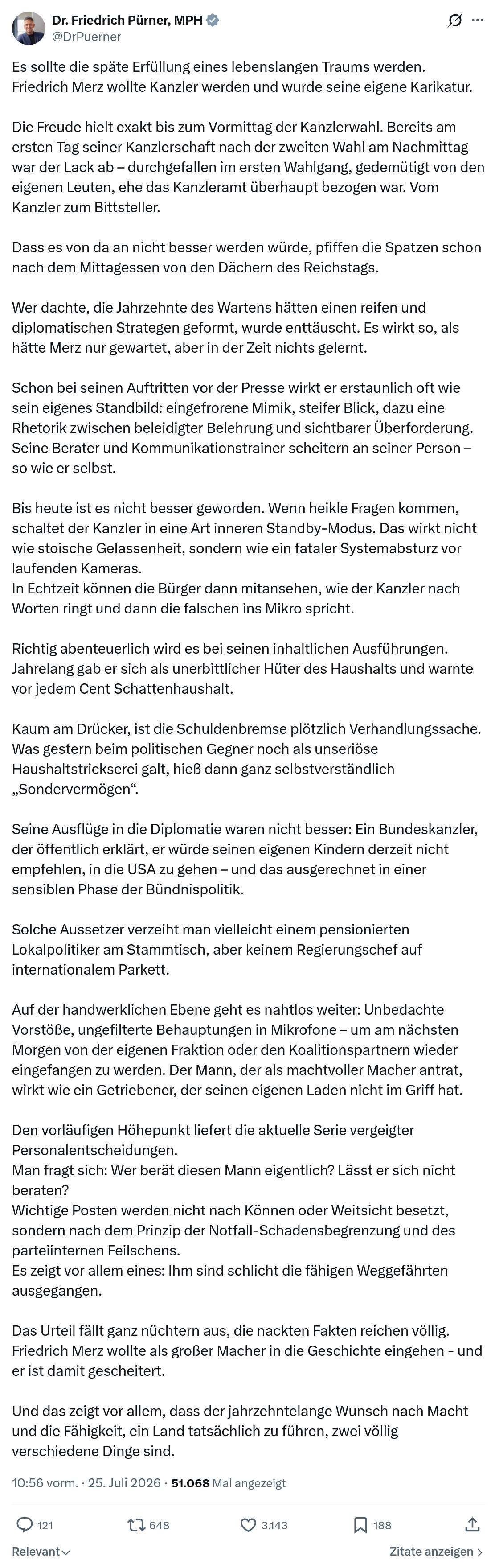 Friedrich Pürner: Es sollte die späte Erfüllung eines...
