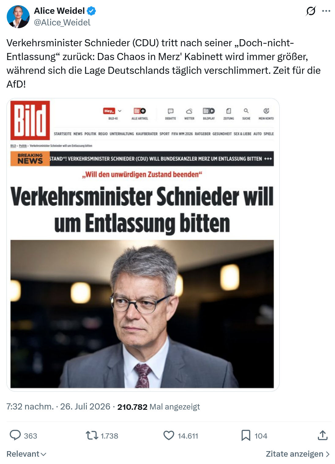 Alice Weidel: Verkehrsminister Schnieder (CDU) tritt nach seiner...