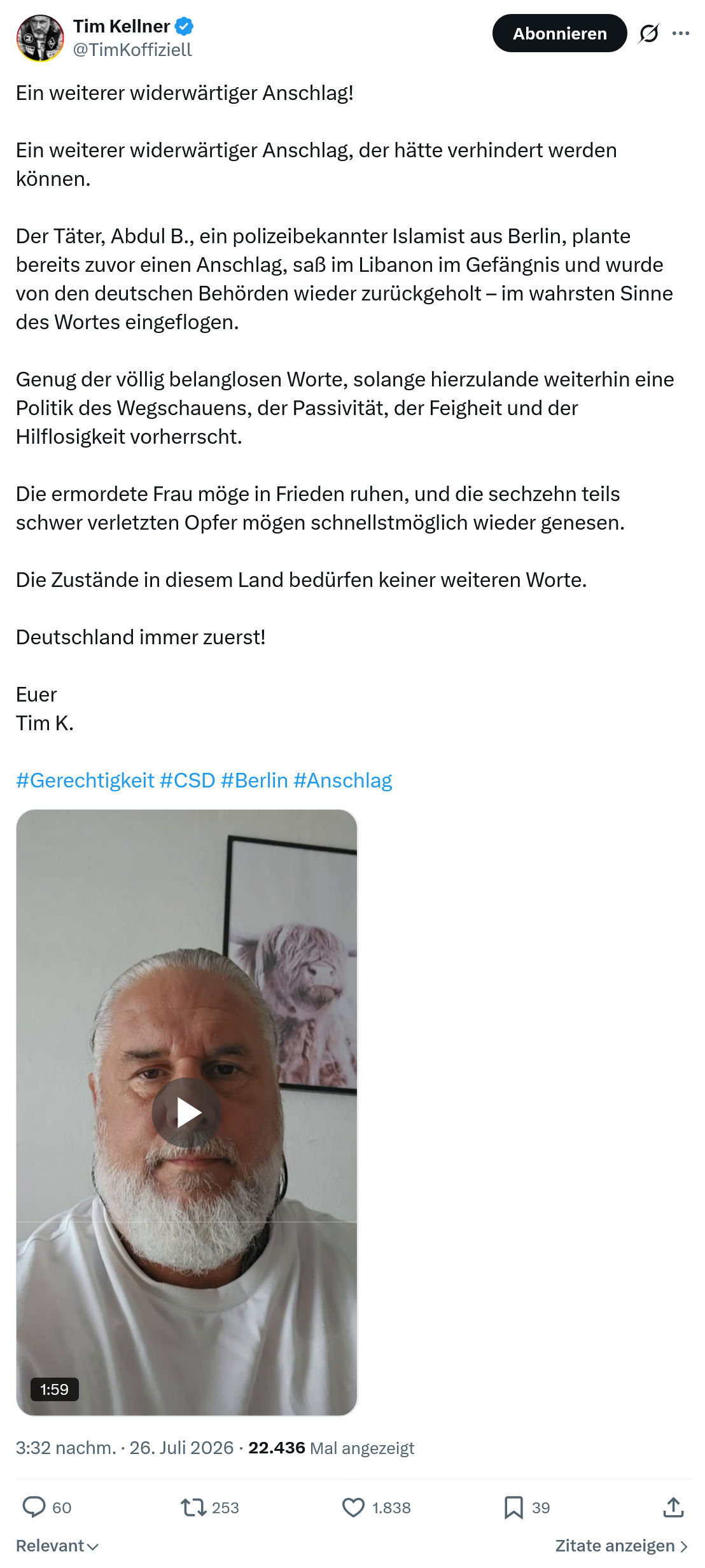 Tim Kellner: Ein weiterer widerwärtiger Anschlag...