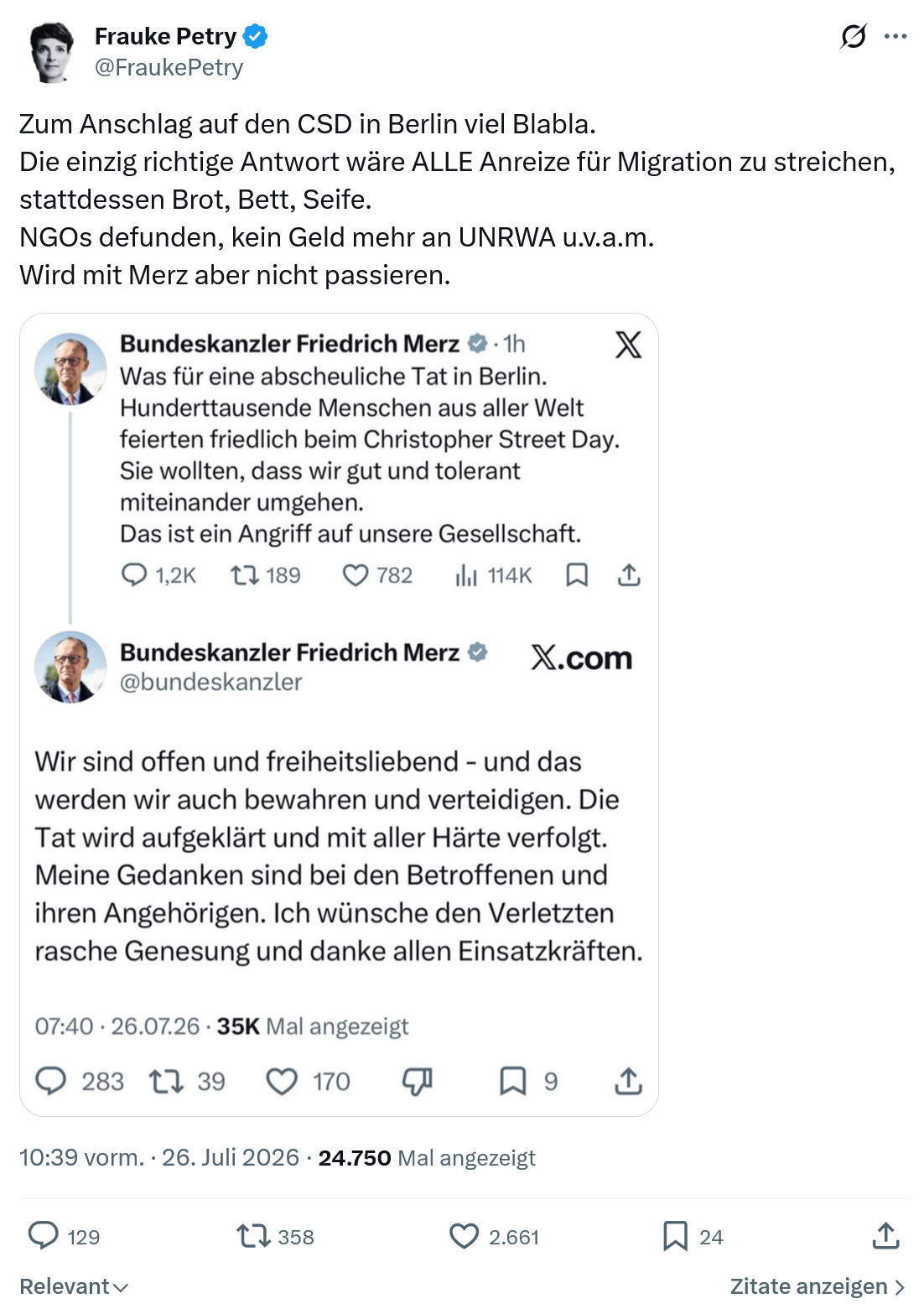 Frauke Petry: Zum Anschlag auf den CSD in Berlin...