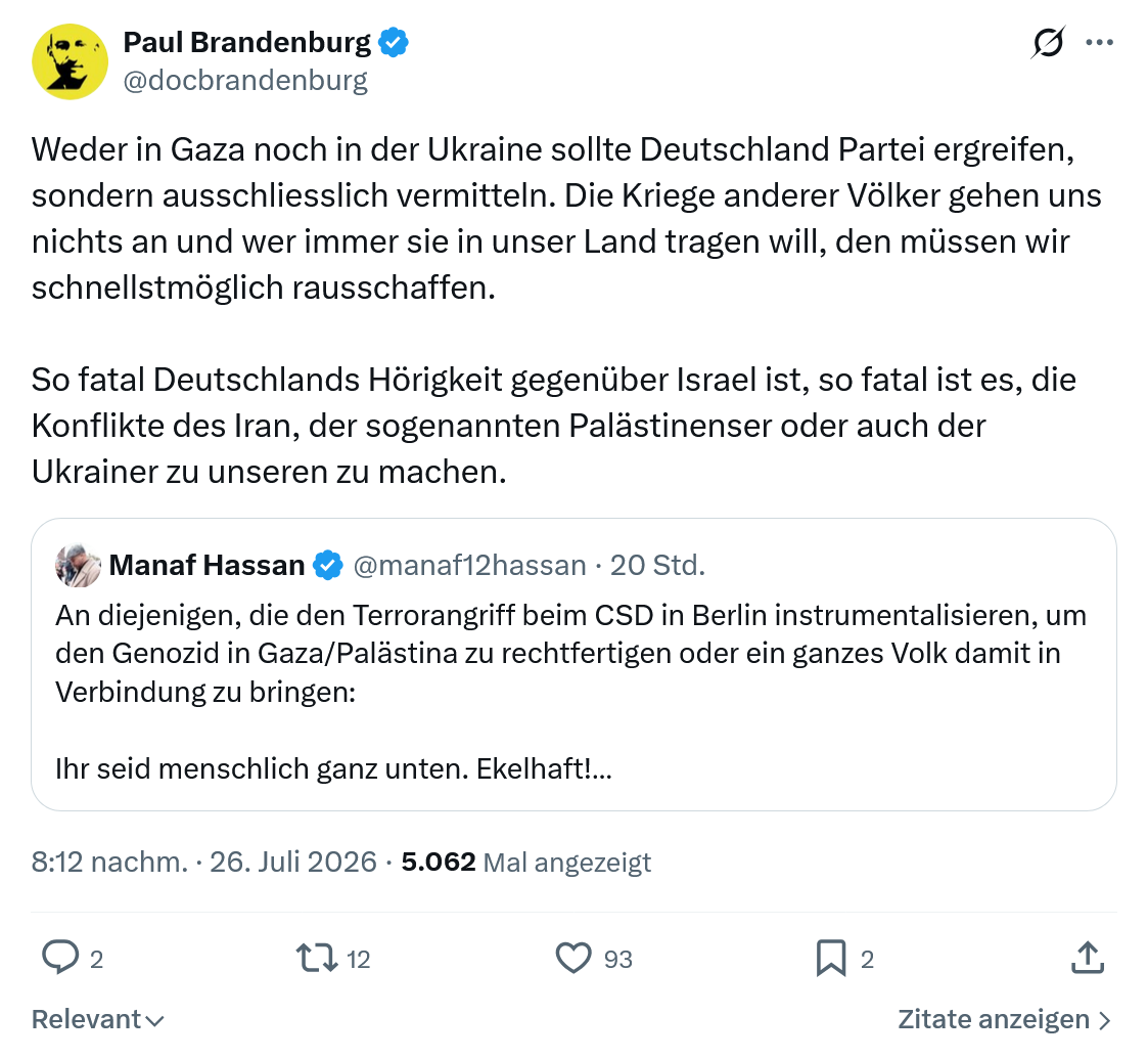 Paul Brandenburg: Weder in Gaza noch in der Ukraine...