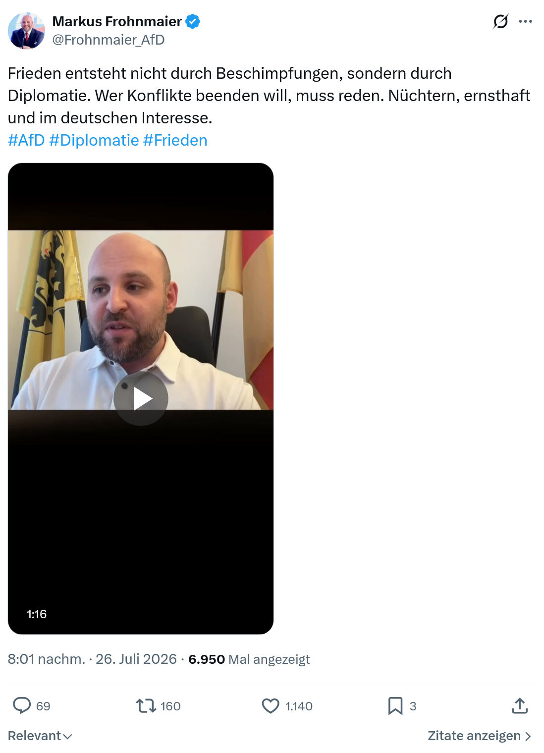 Markus Frohnmaier: Frieden entsteht nicht durch Beschimpfungen...