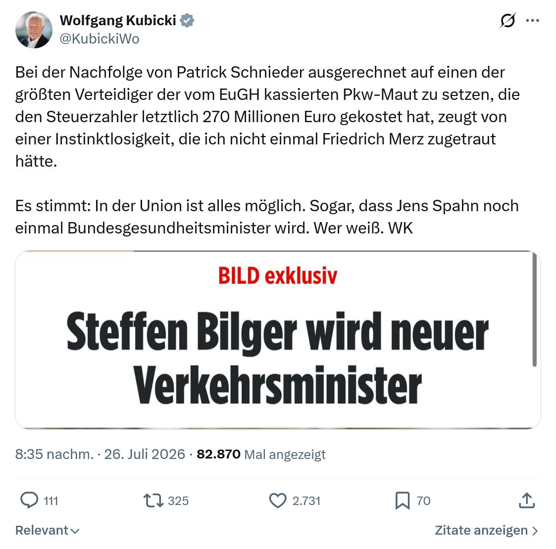 Wolfgang Kubicki: Bei der Nachfolge von Patrick Schnieder...